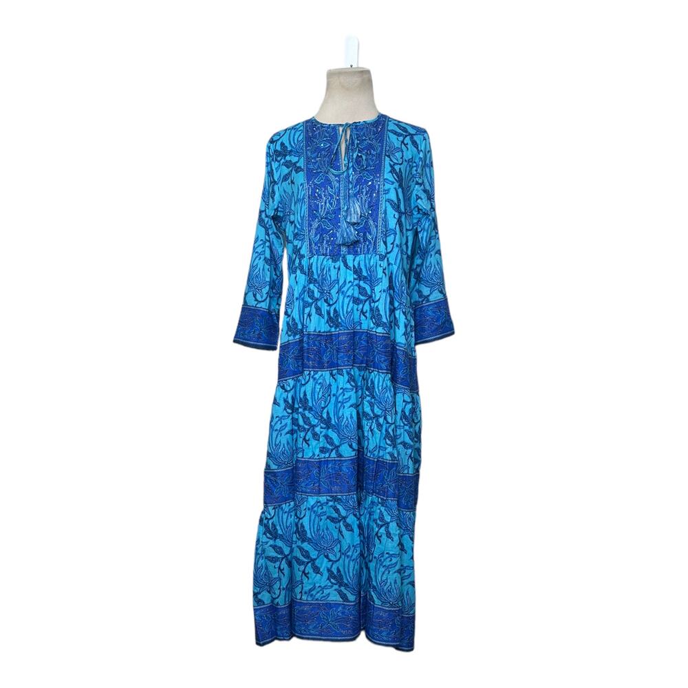 Bella Tu Blue Batik Floral Tier 3/4 Sleeves Boho Midi Dress size Small